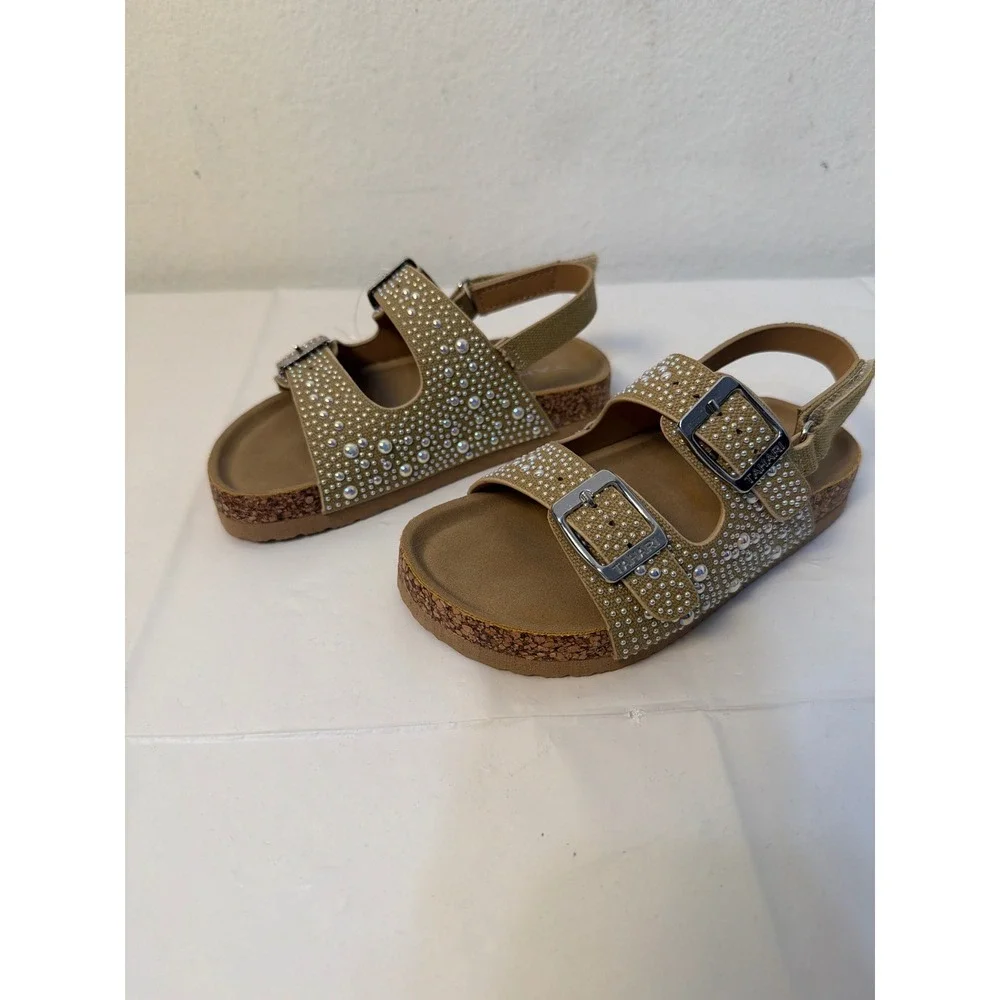 Tahari Girls Tan Rhinestone Faux Pearl Buckle Sandals Size 9T NEW